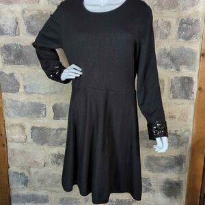 Jw Jason Wu Dress Black Sweater Sequins Cuff Woman's XL Knee Length Soft‎